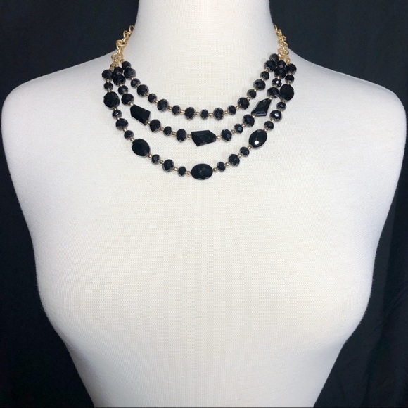 3 Row Black Glass Beaded Necklace Earrings Set - Picture 3 of 3